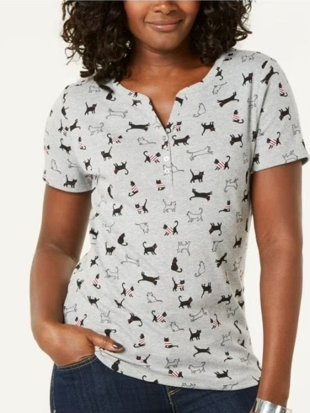 Karen Scott Gray Short Sleeve Henley Tee with Cat Print Size Large